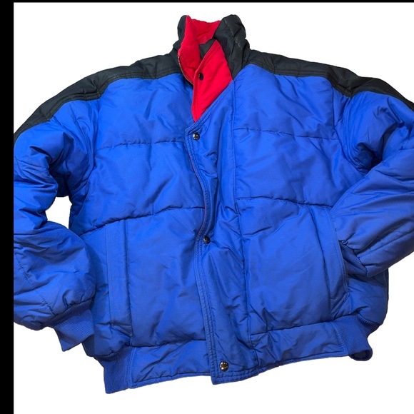 St. Moritz Ski Team XL MEN BLUE red DOWN PUFFER Jacket ZIP SNAP coat Snow WINTER - Picture 1 of 16